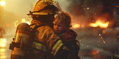 genfeuerwehrmann spart ein Kind von ein Feuer rativ ai foto