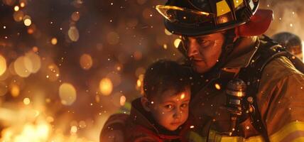 genfeuerwehrmann spart ein Kind von ein Feuer rativ ai foto
