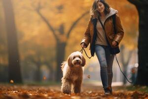 Frau Gehen mit Hund im das Park foto