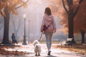 Frau Gehen mit Hund im das Park foto