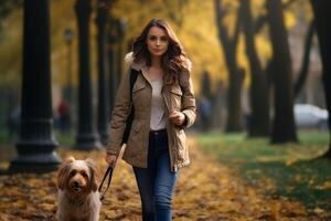 Frau Gehen mit Hund im das Park foto