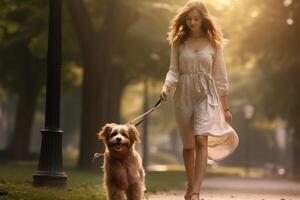 Frau Gehen mit Hund im das Park foto