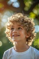 Porträt von ein lockiges Haar Kind Junge Nahansicht foto