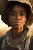 jung afrikanisch amerikanisch Frau Farmer tragen Hut foto