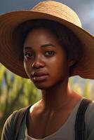 jung afrikanisch amerikanisch Frau Farmer tragen Hut foto