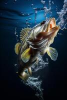 Forellenhals Bass Springen aus von das Wasser planschen foto