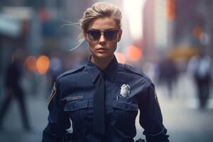 weiblich Polizei Offizier auf ein Stadt Straße foto