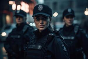 weiblich Polizei Offizier auf ein Stadt Straße foto
