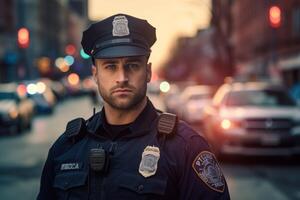 männlich Polizei Offizier auf ein Stadt Straße foto