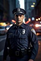 männlich Polizei Offizier auf ein Stadt Straße foto