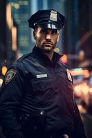 männlich Polizei Offizier auf ein Stadt Straße foto