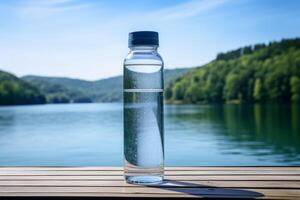 sauber Trinken Wasser im ein Flasche gegen das Hintergrund von ein See und Berge foto