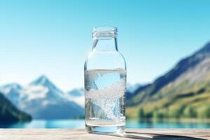 sauber Trinken Wasser im ein Flasche gegen das Hintergrund von ein See und Berge foto