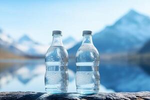 sauber Trinken Wasser im ein Flasche gegen das Hintergrund von ein See und Berge foto