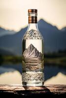 sauber Trinken Wasser im ein Flasche gegen das Hintergrund von ein See und Berge foto