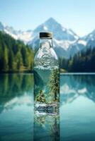 sauber Trinken Wasser im ein Flasche gegen das Hintergrund von ein See und Berge foto