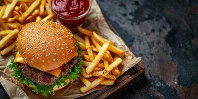 Burger mit Fritten Soße oben Aussicht foto