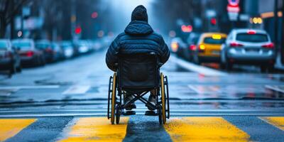 deaktiviert Person im ein Rollstuhl Fahrten Nieder das Straße foto