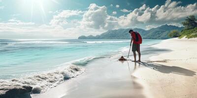 Öko Aktivist Reinigung oben Müll von das Strand foto