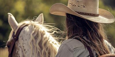 Cowgirl im ein Hut auf ein Pferd foto