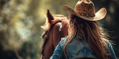 Cowgirl im ein Hut auf ein Pferd foto
