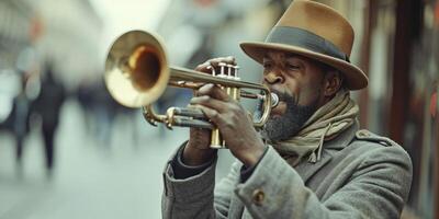 afrikanisch amerikanisch Trompeter Theaterstücke auf das Straße foto