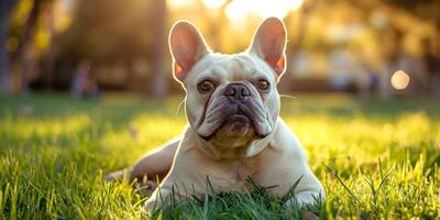 Französisch Bulldogge draußen Nahansicht foto