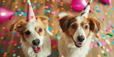 Hunde feiern Geburtstag mit Kappen auf ihr Köpfe foto