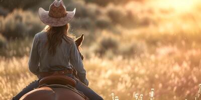 Cowgirl im das Sattel auf ein Pferd Rückseite Aussicht foto