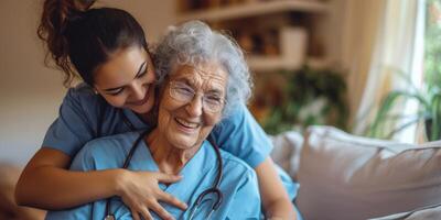 Krankenschwester umarmen ein geduldig im ein Pflege- Zuhause foto