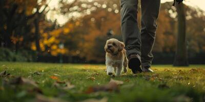 Mann Gehen seine Hund im das Park foto