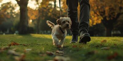 Mann Gehen seine Hund im das Park foto