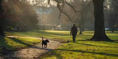 Mann Gehen seine Hund im das Park foto