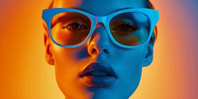 Modell- im Sonnenbrille auf Blau und Gelb Hintergrund Mode foto