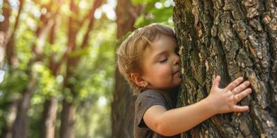 Kind Umarmungen ein Baum speichern das Planet Konzept foto