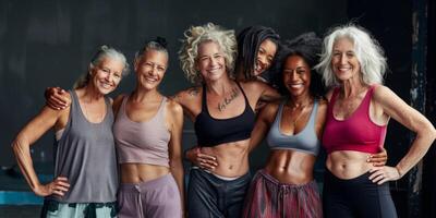 Gruppe Porträt von Frauen 50 Jahre alt im das Fitnessstudio foto