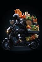Waren und Essen um das Stadt auf ein Motorrad foto