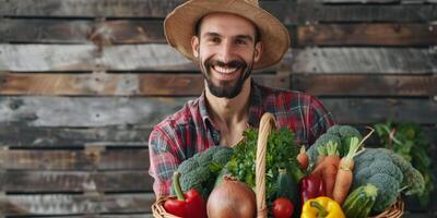 Farmer mit Korb von Früchte und Gemüse foto