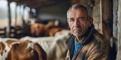 Farmer im Vorderseite von Kühe im ein Stall foto