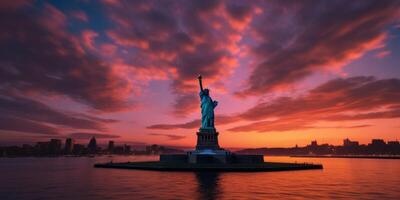 Freiheitsstatue bei Sonnenuntergang foto