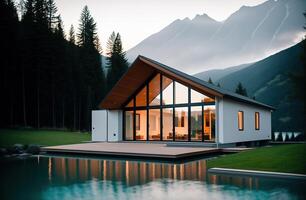Außen von modern minimalistisch Haus mit See und Berge im das Hintergrund foto