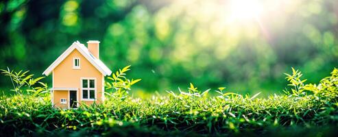 klein Modell- Zuhause auf Grün Gras mit Sonnenlicht Hintergrund Banner foto