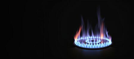 Blau Flamme von ein Gas Brenner auf ein schwarz Hintergrund Banner foto