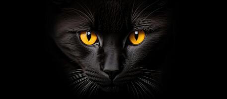 schwarz Katze mit Gelb Augen auf ein schwarz Hintergrund Banner foto
