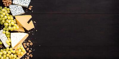 Käse Teller mit Nüsse und Trauben auf ein hölzern Hintergrund foto