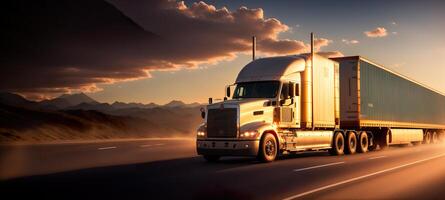 LKW beim Sonnenuntergang Fahrten auf das Autobahn Banner foto