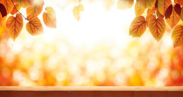 ein Holz Tabelle Produkt Anzeige auf golden braun Herbst Hintergrund von Blätter foto