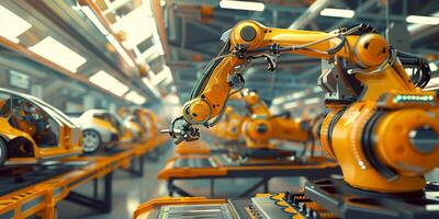 automatisiert Konstruktion von Autos im ein Fabrik Roboter foto