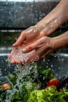 Hände waschen Gemüse planschen Wasser foto