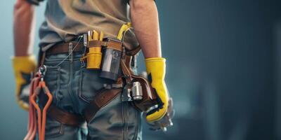 Instandhaltung Arbeiter mit ein Tasche und ein einstellen von Werkzeuge auf seine Gürtel foto